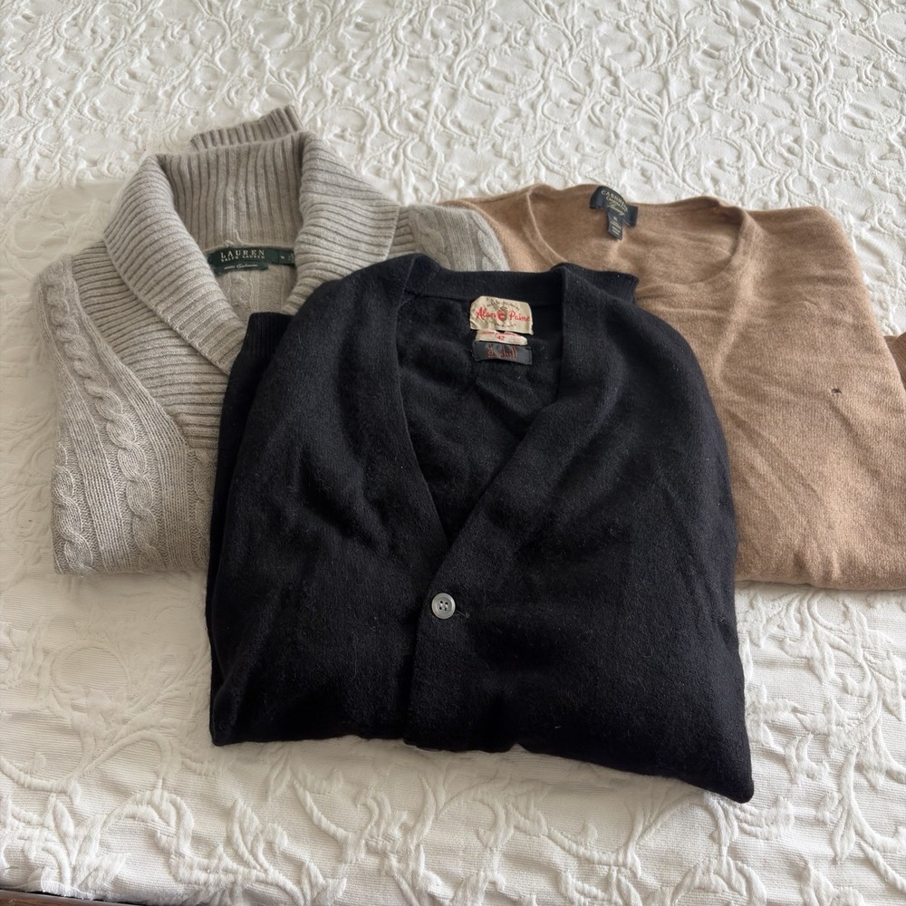 Lot of 3 100% Cashmere Sweaters FLAWED Upcycle DIY Crafters Tan Gray Black